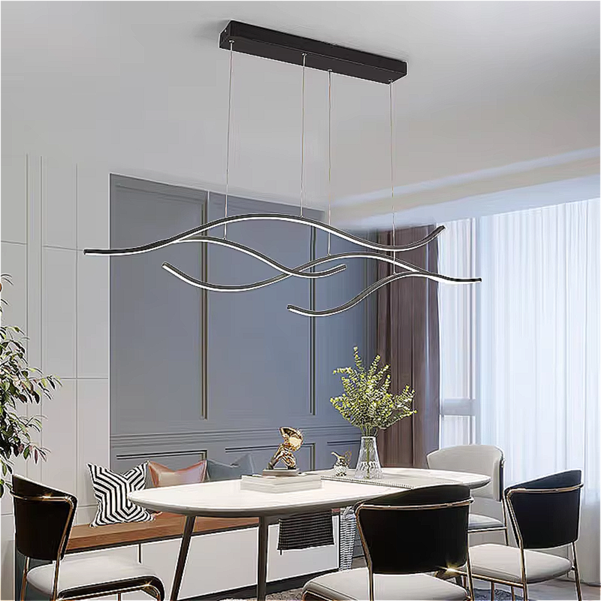 Waveform Black LED Chandelier – 47.2” Sculptural Statement Pendant Light for Kitchen Island & Modern Dining Room | LINKORI CHULLENG S. IV