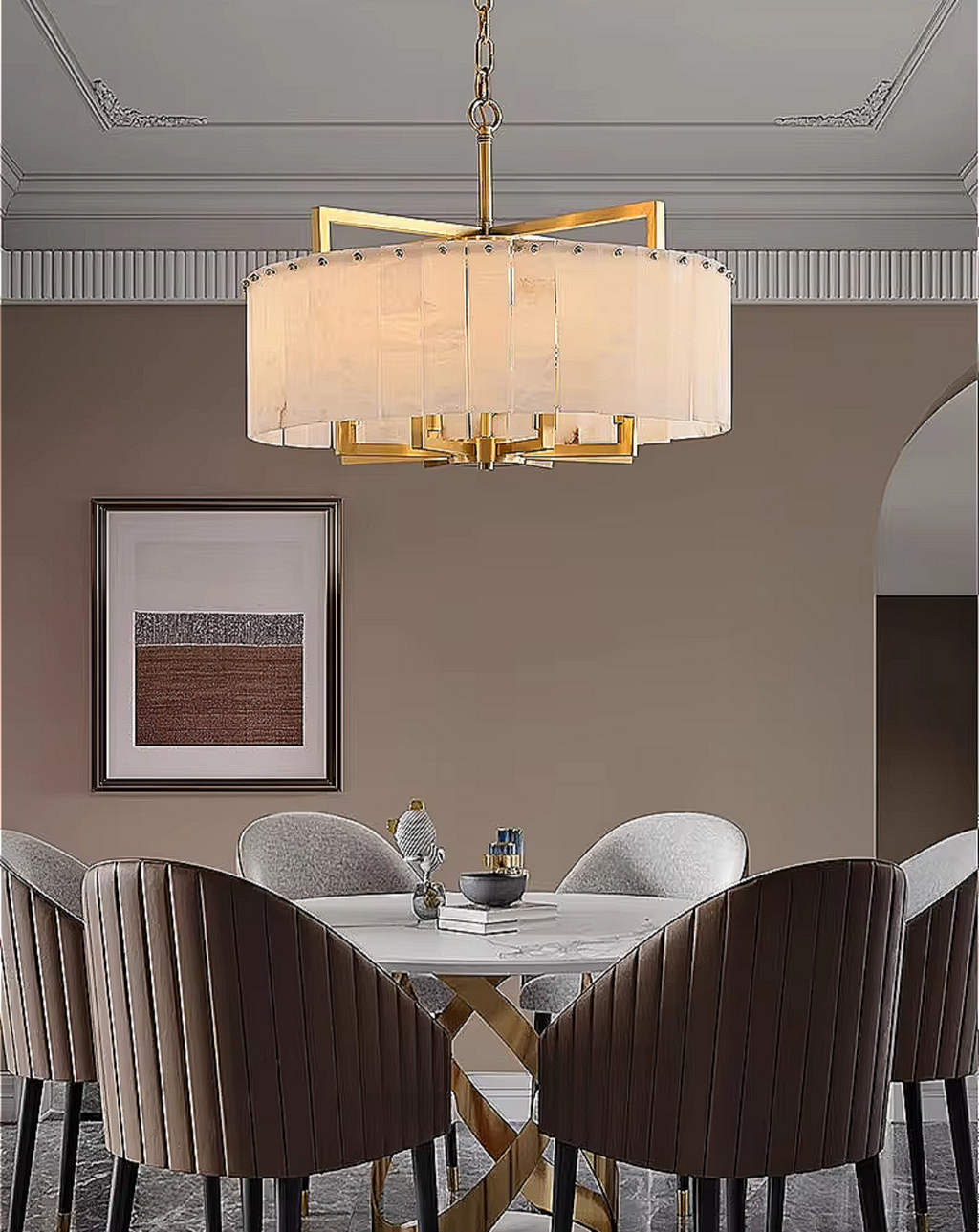 designer gold alabaster chandelier – sculptural modern pendant lighting for elegant foyers and dining rooms