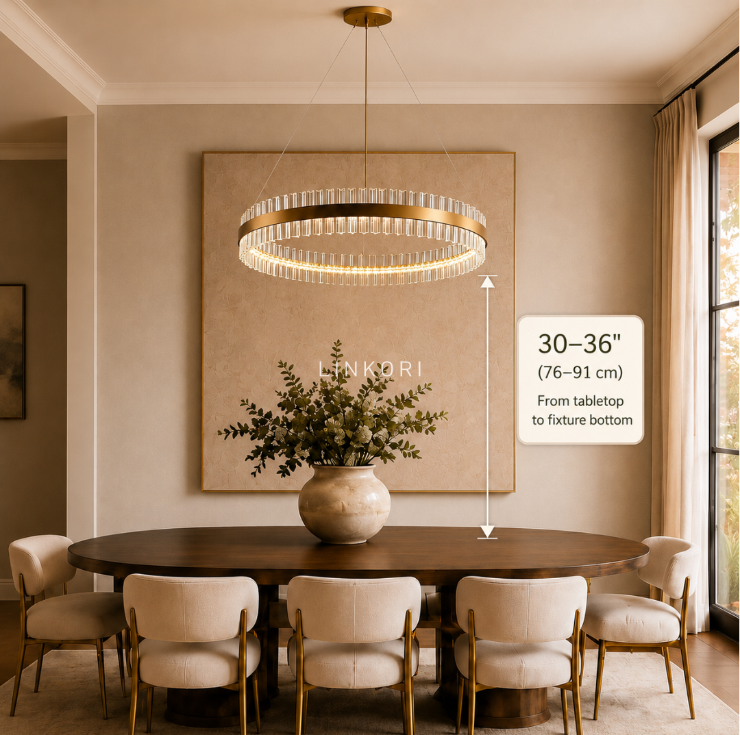 Dining room chandelier hanging height guide showing 30–36 inches above the tabletop by LINKORI
