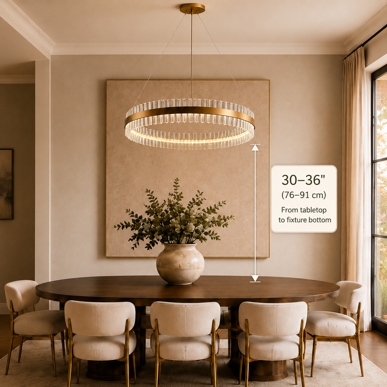 Dining room chandelier size and hanging height guide showing proper placement above a dining table - LINKORI