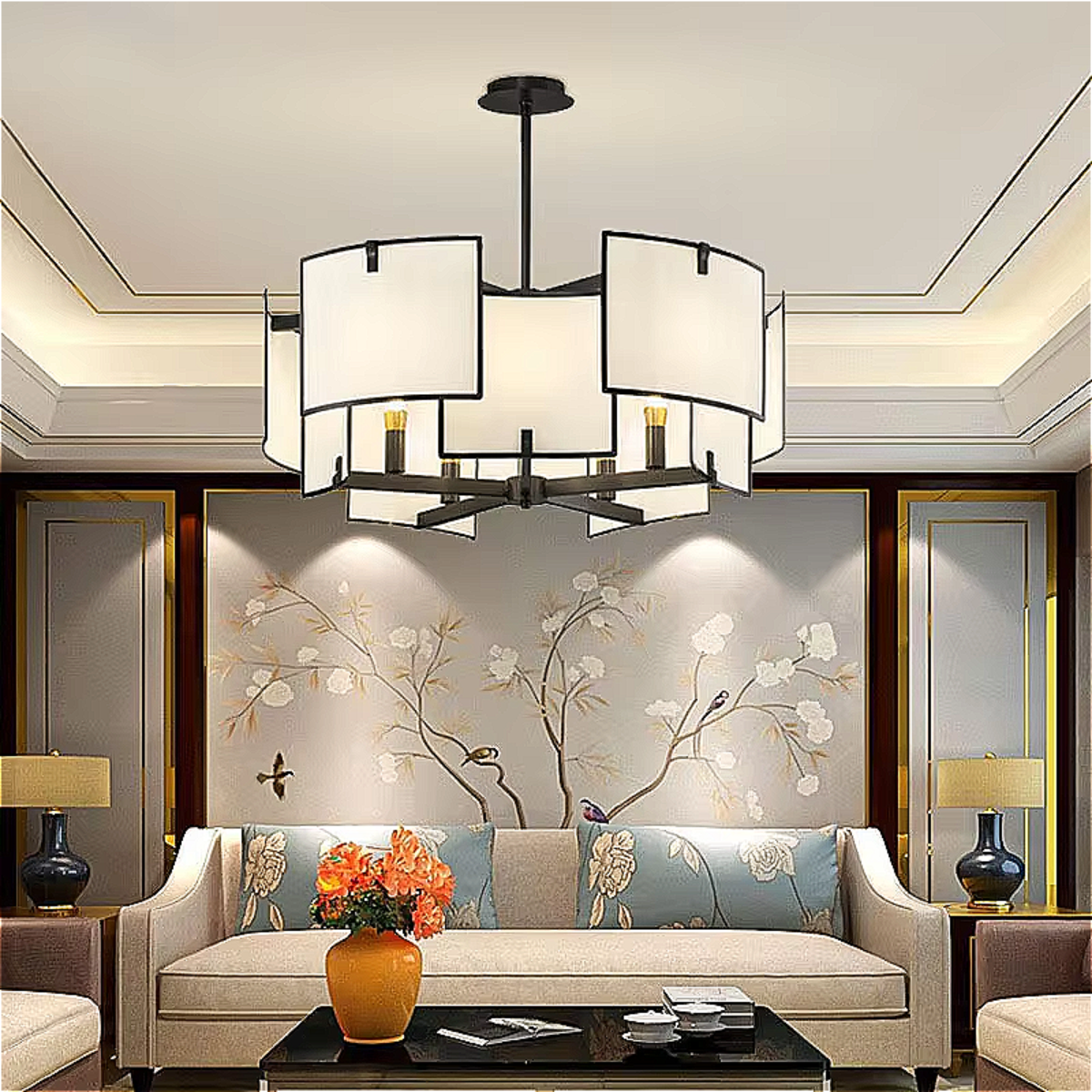 Modern fabric chandelier styled in Asian-inspired living room – Japandi ceiling light with layered textile shades | LINKORI HERAZOKU
