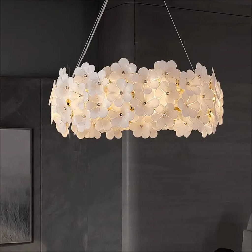 White floral glass chandelier with sculptural petals and soft gold frame – artistic statement pendant for bedroom and dining room | BLOSSORA.S by LINKORI