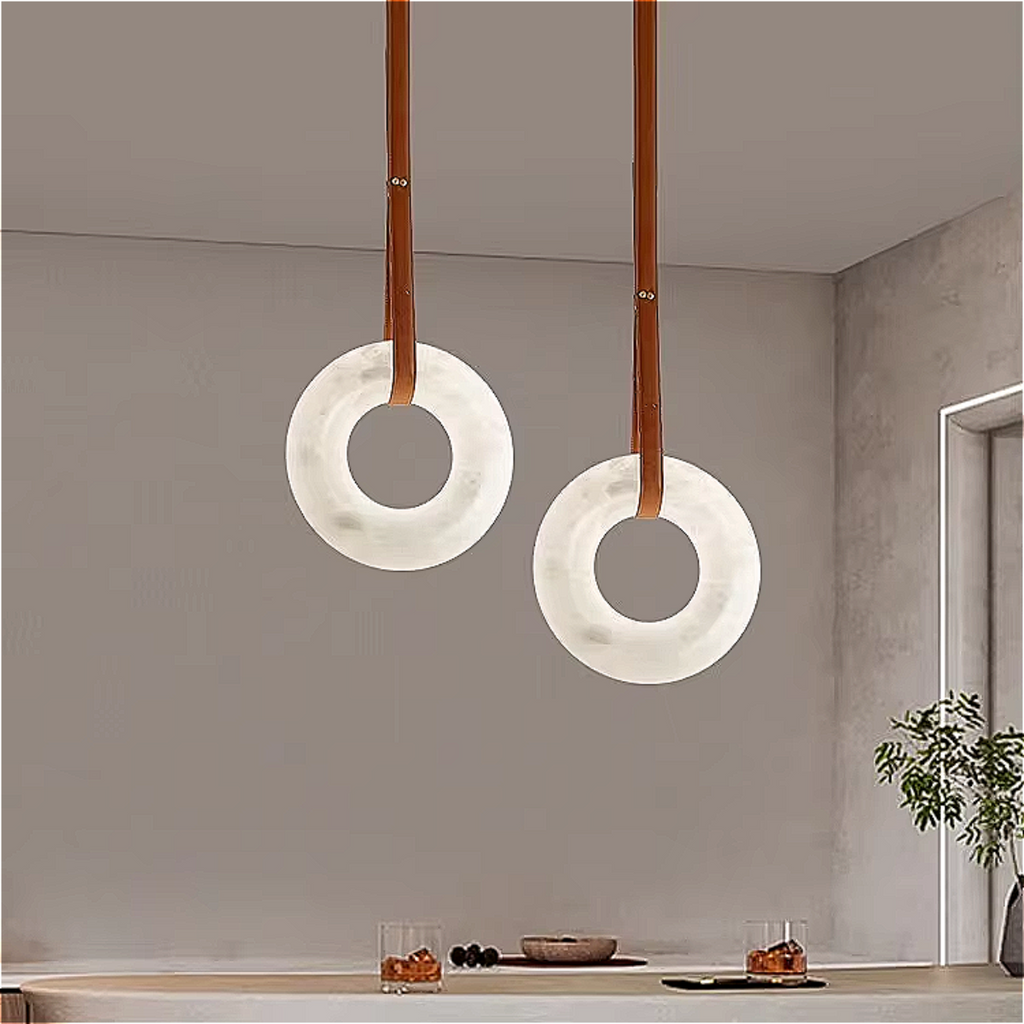 Sculptural Marble Ring Chandelier – Contemporary Dining Room Lighting with Leather Straps