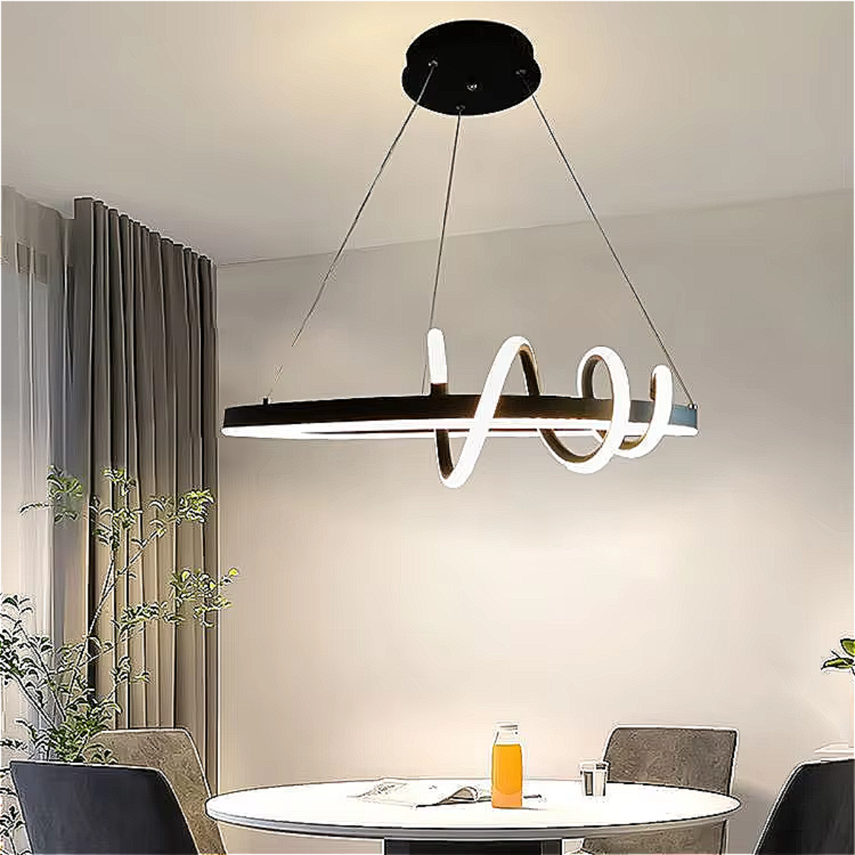 Black chandelier styled in minimalist living room – sculptural modern pendant lighting for contemporary interiors