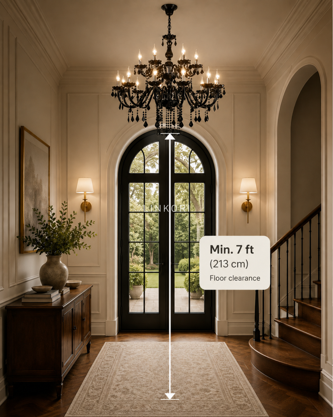 Entryway chandelier measuring guide showing a minimum 7 ft (213 cm) clearance from the floor to the fixture bottom.