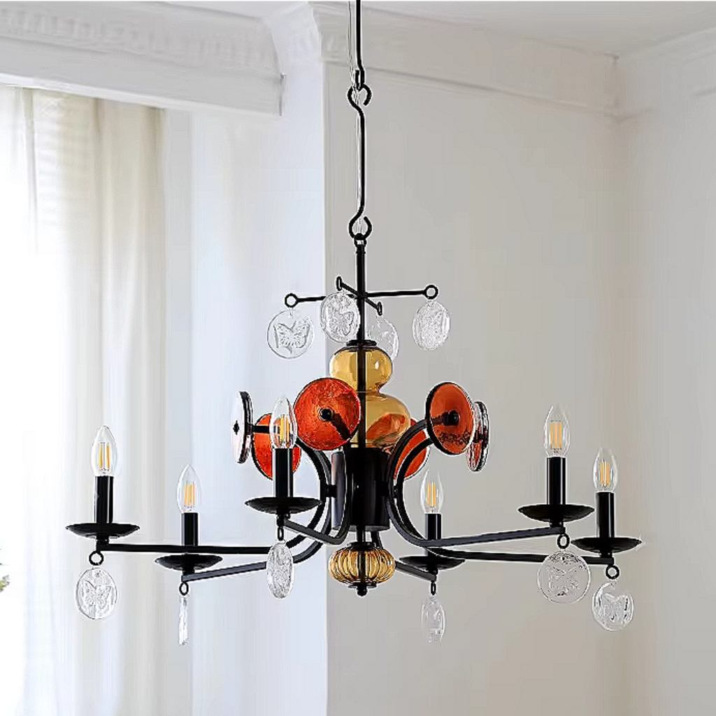 Retro black chandelier with amber glass – sculptural pendant light for modern dining rooms, kitchen islands & boho interiors