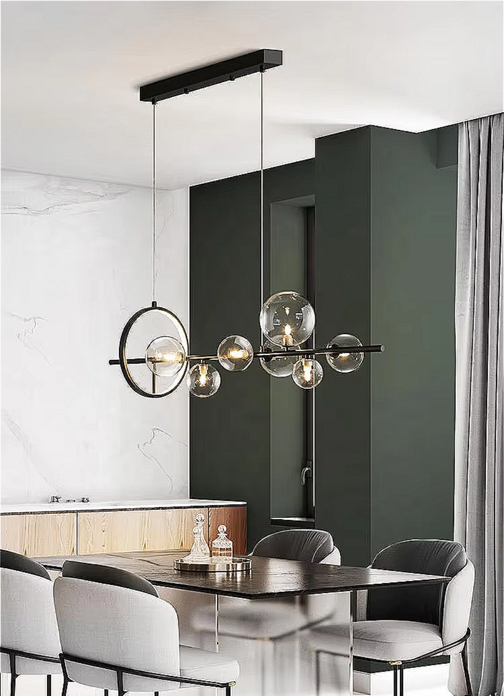 Sculptural linear glass chandelier with black frame suspended above a modern dining room — perfect for architectural and minimalist interiors.
