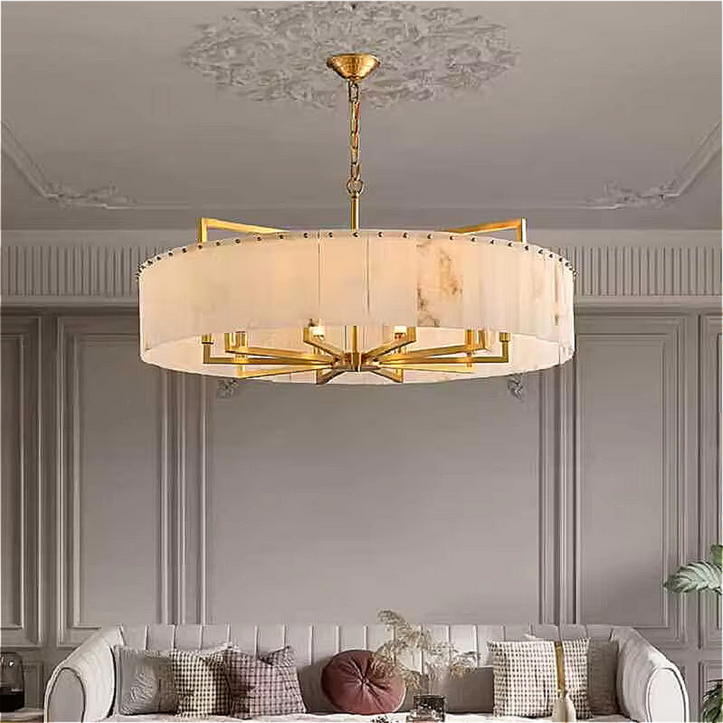 luxury alabaster chandelier with gold frame – sculptural round drum pendant for classic and contemporary spaces