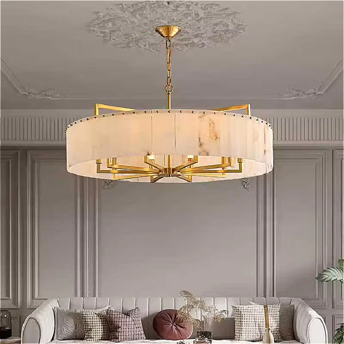 luxury alabaster chandelier with gold frame – sculptural round drum pendant for classic and contemporary spaces