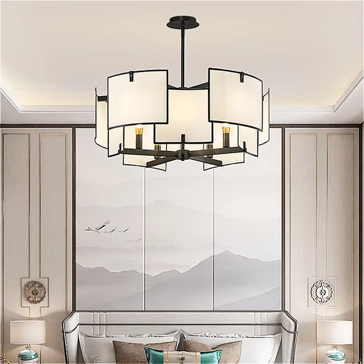 modern fabric shade chandelier with black frame, soft diffused glow, living room ceiling light