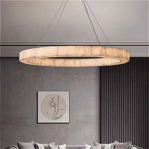 Modern luxury living room chandelier, alabaster ring halo pendant, copper frame, sculptural statement lighting, warm white LED — LINKORI BASPEAQ