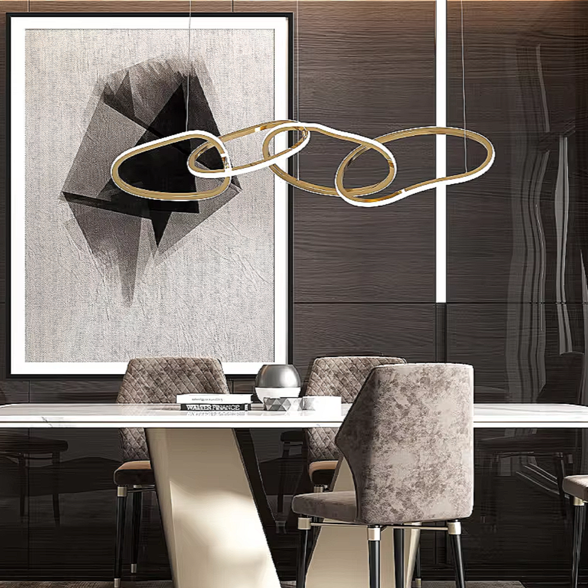 Gold Sculptural LED Chandelier – Modern 4-Ring Statement Chandelier for Contemporary Dining Room and Kitchen Island