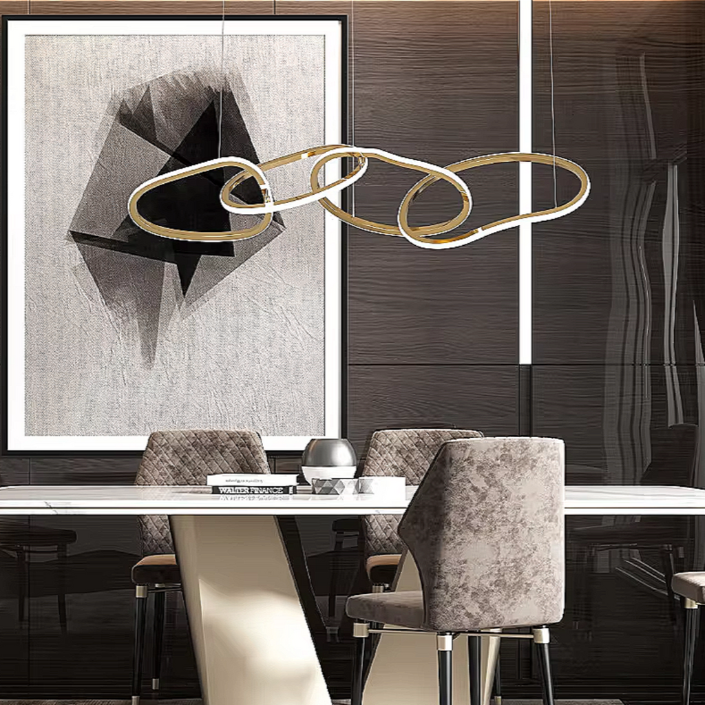 Gold Sculptural LED Chandelier – Modern 4-Ring Statement Chandelier for Contemporary Dining Room and Kitchen Island