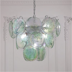 Handblown Murano Glass Chandelier with Iridescent Discs in Sky Blue, Styled in Classic White Interior | LINKORI REODIOL