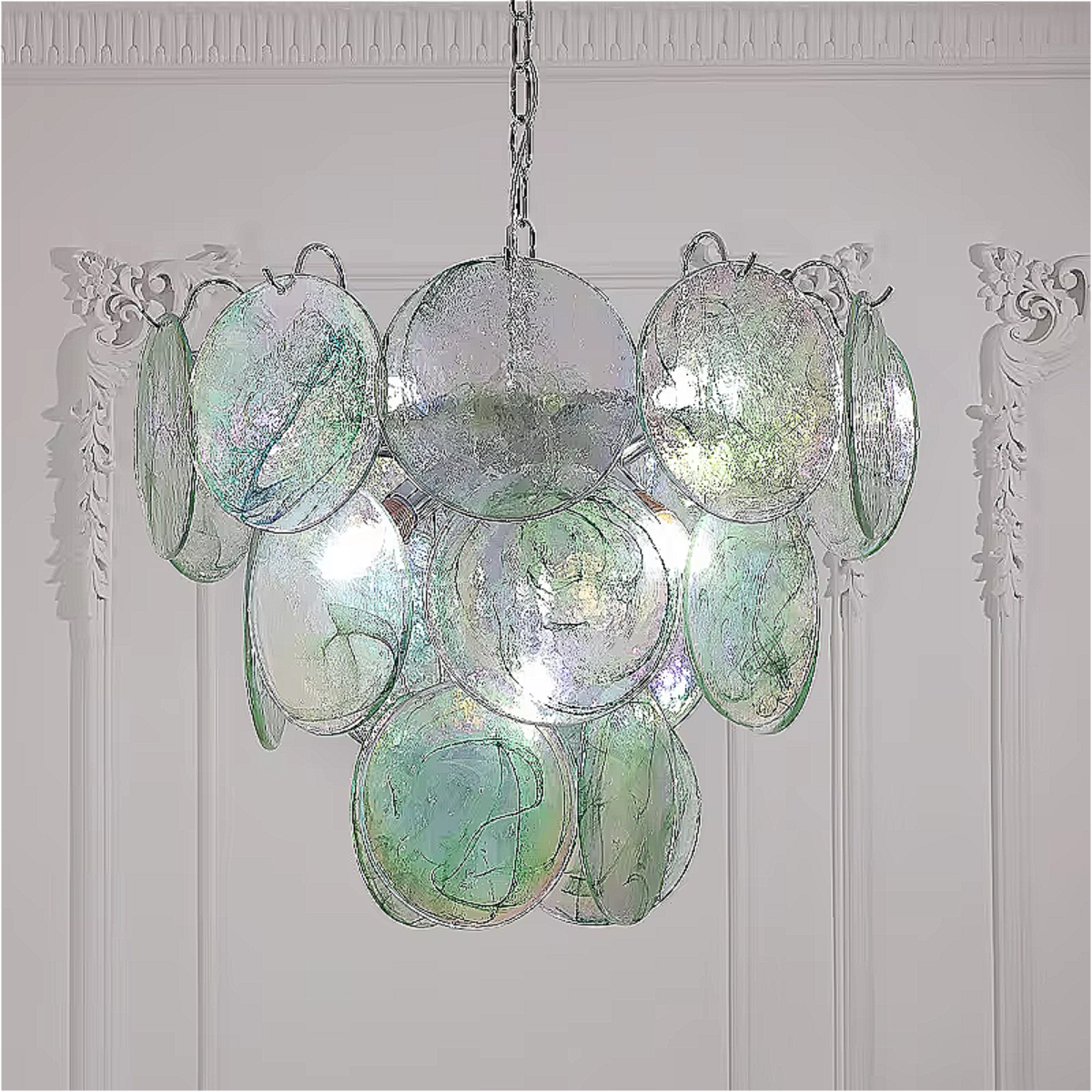 Handblown Murano Glass Chandelier with Iridescent Discs in Sky Blue, Styled in Classic White Interior | LINKORI REODIOL