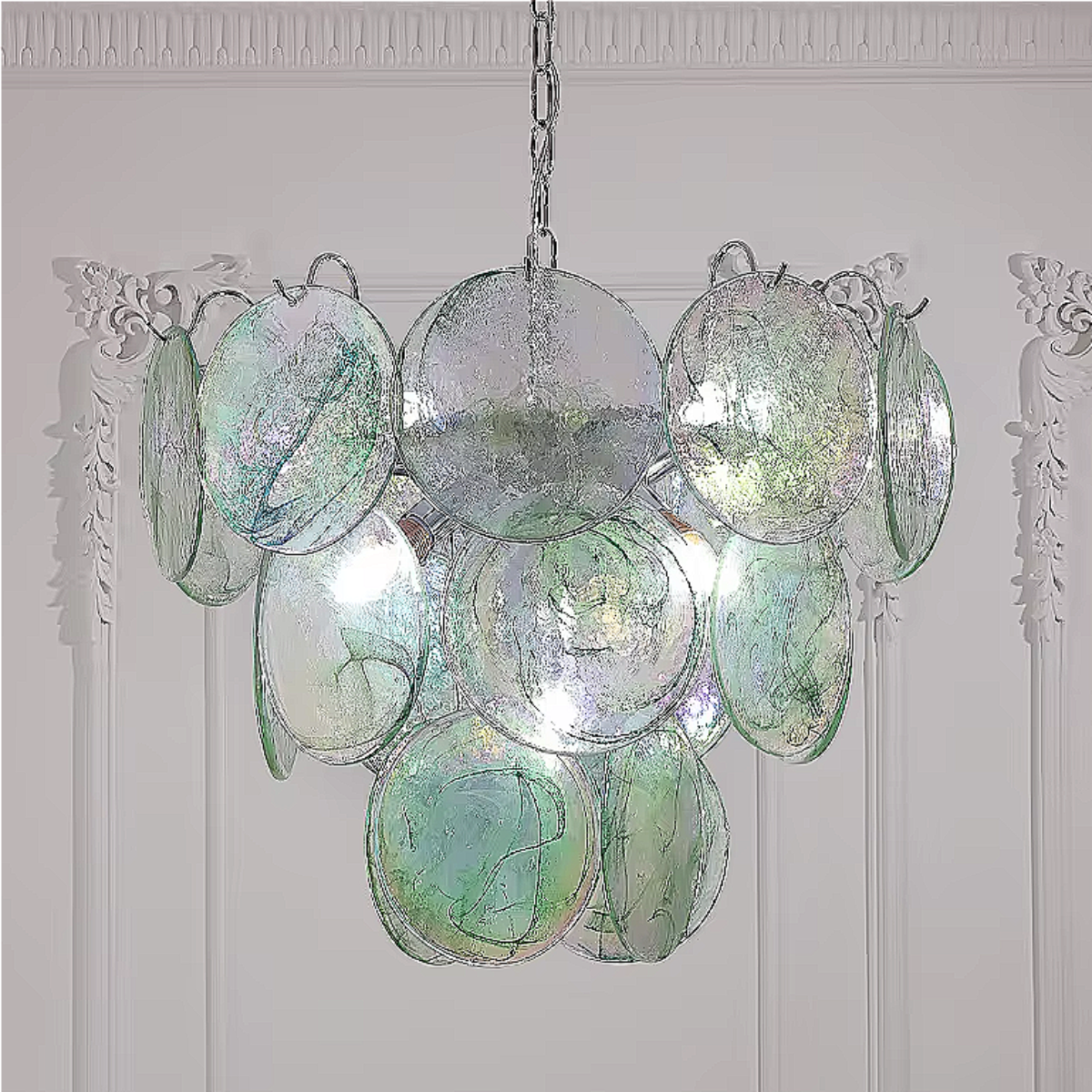 Handblown Murano Glass Chandelier with Iridescent Discs in Sky Blue, Styled in Classic White Interior | LINKORI REODIOL