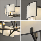 modern organic fabric chandelier with black frame, soft diffused glow, living room ceiling light