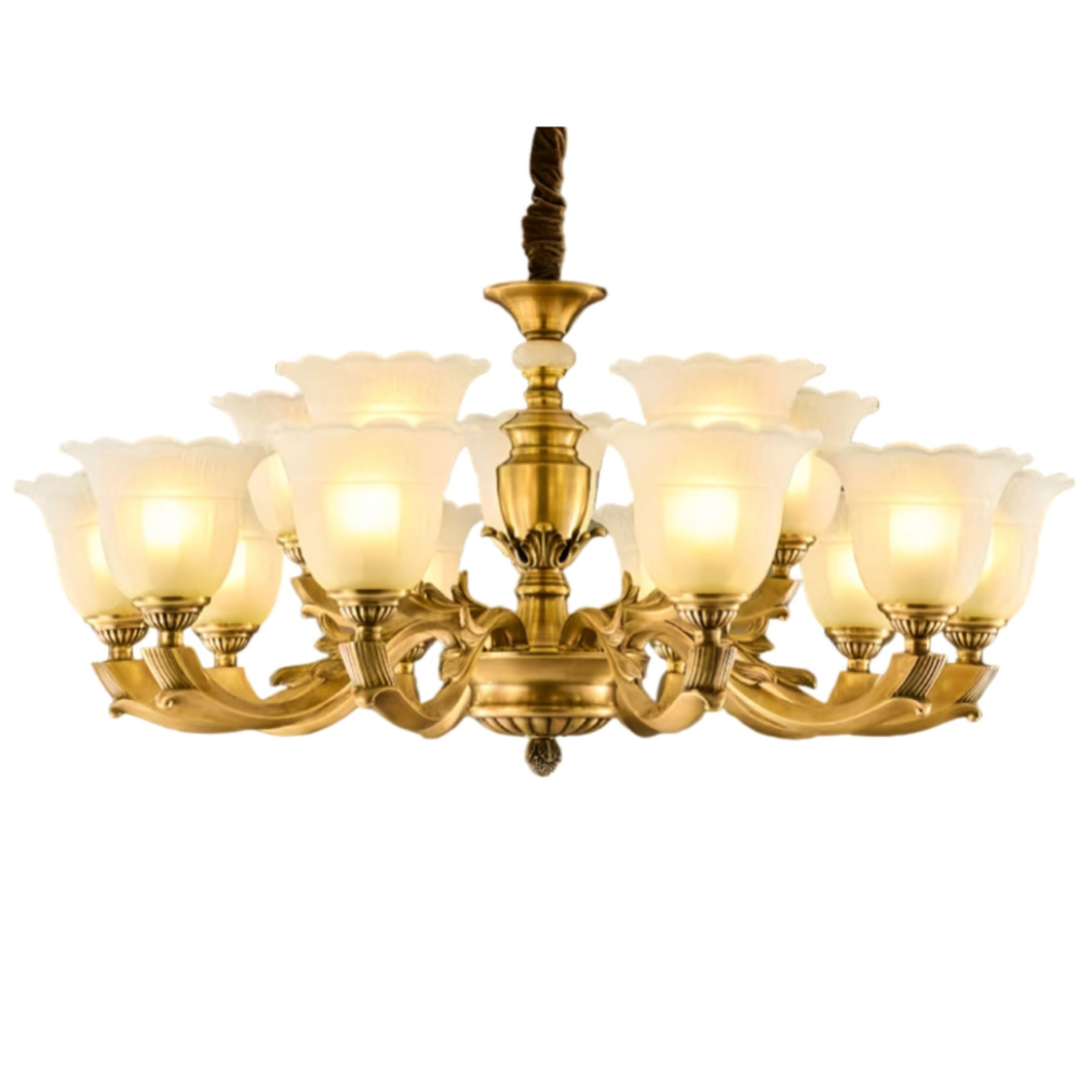 vintage tulip glass chandelier with gold brass frame, classic luxury ceiling lighting for dining room