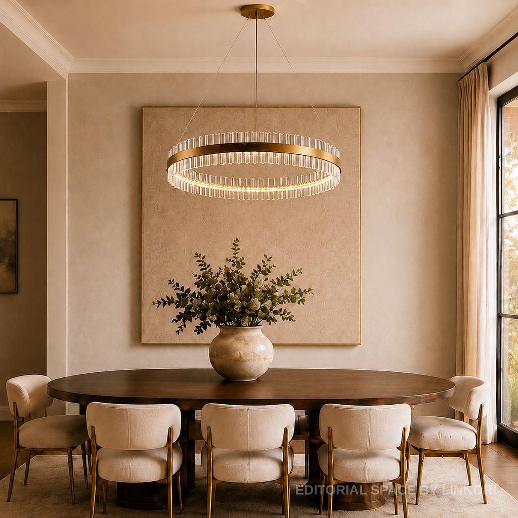 Modern gold crystal ring chandelier above an oval dining table in a warm contemporary dining room – LINKORI