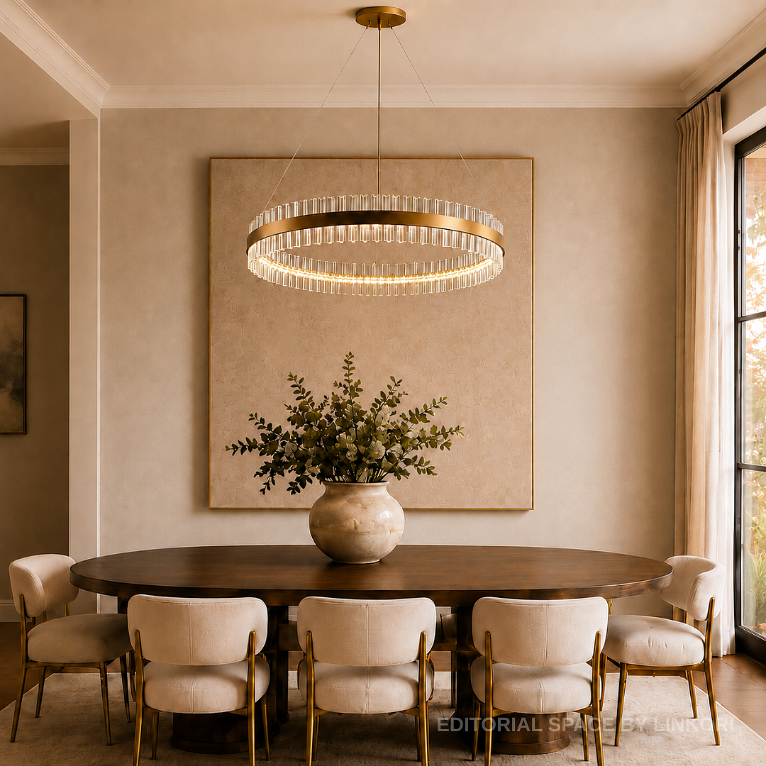 Modern gold crystal ring chandelier above an oval dining table in a warm contemporary dining room – LINKORI