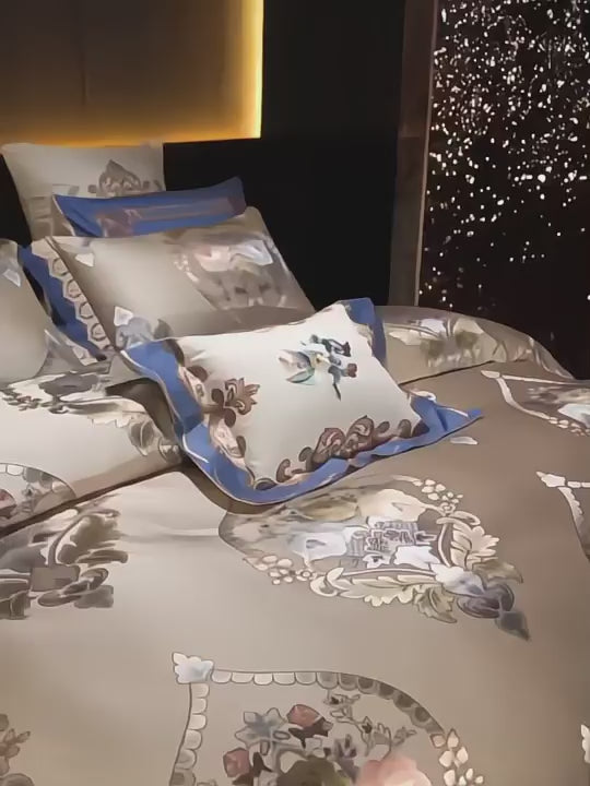 Teal-Blue Baroque Floral Medallion Satin Jacquard – 100% Egyptian Cotton Duvet Cover 4/6/10-Piece Set | LINKORI Leafcrown Teal