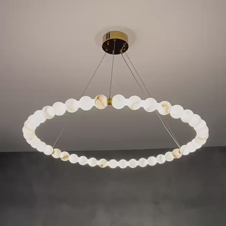 Large 39.4-inch alabaster globe ring chandelier with illuminated natural stone spheres and a brass canopy – LINKORI AURELIA