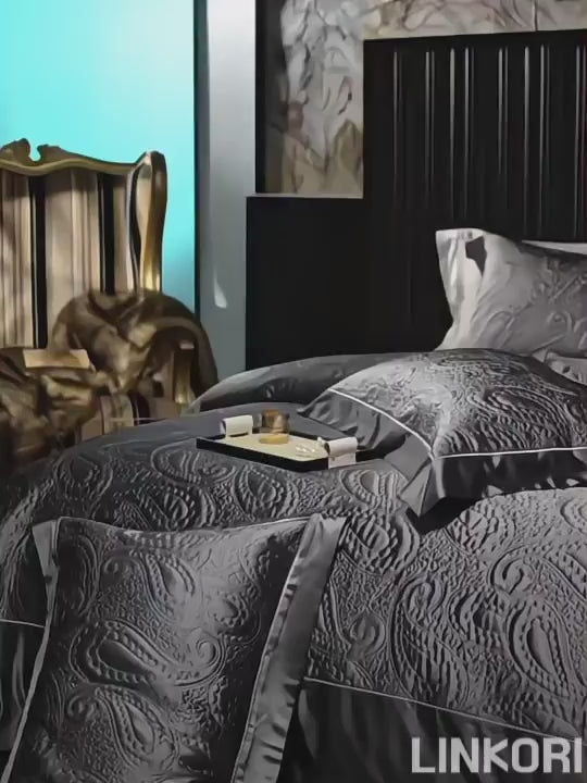 Watch The Real Product Video - Deep Grey Satin Jacquard Bedding – Luxury Egyptian Cotton Duvet Cover Set l LINKORI EmboGrey