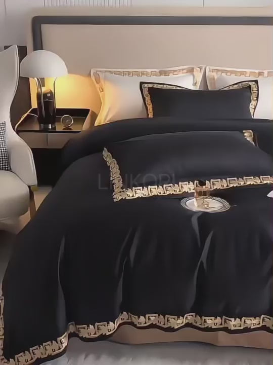 The Real Product Video | Luxury Black & Gold Bedding – Leaf Embroidered Egyptian Cotton Duvet Cover Set 4-Piece for Modern Bedrooms | LINKORI Blacklabel