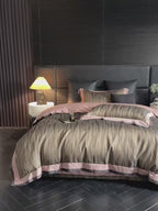 Actual footage of LINKORI luxury duvet cover set showcasing its pearlescent sheen, intricate woven texture, and elegant fabric draping in a sophisticated bedroom setting.