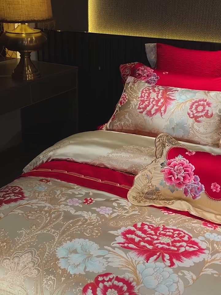Real Product Video- Romantic floral embroidered bedding set, LINKORI Troyal ivory and red luxury collection