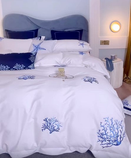 Coral & Starfish Embroidered Luxury Bedding – 100% Egyptian Cotton Duvet Cover 4/6-Piece Set | LINKORI Blue Coral