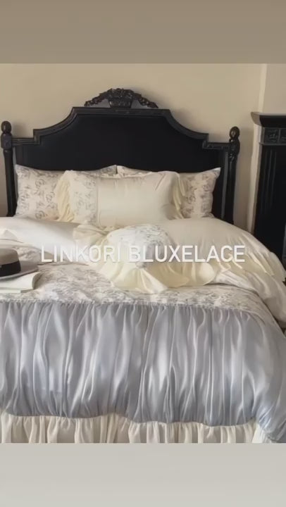Real Product Video- Ivory lace ruffled bedding with butterfly motif, Egyptian cotton duvet cover 4-piece set in neutral bedroom – LINKORI Bluxelace