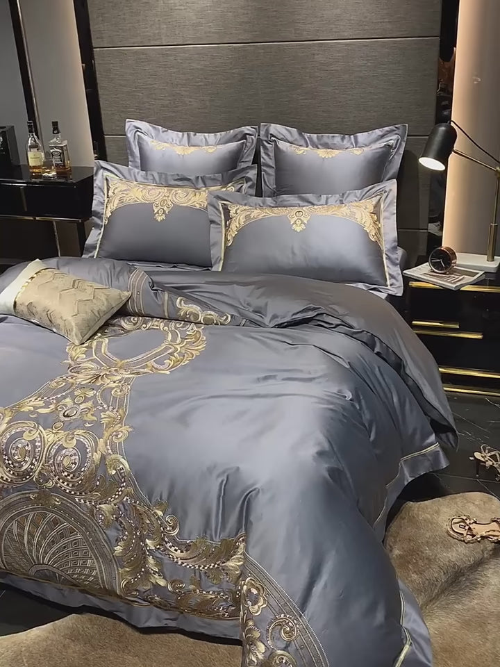 Charcoal gray and antique gold Baroque embroidered duvet cover set, followed by close-up views of the ornate embroidery – LINKORI ZUTAPERA GREY
