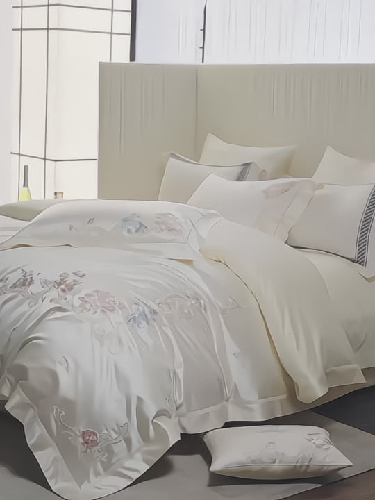 Watch the Real Product Video-Satin Floral Bedding – 100% Cotton Embroidered Duvet Cover Set 4/8-Piece for Romantic Bedrooms