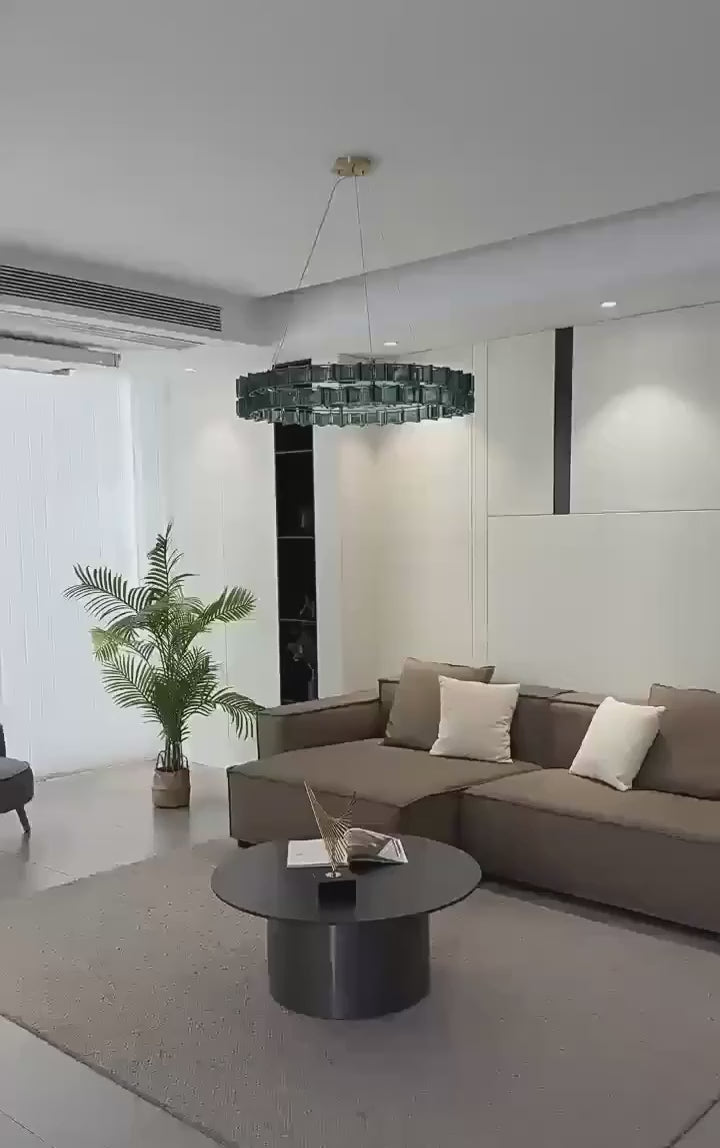 cinematic modern blue glass chandelier in contemporary living room with luxury ambient lighting and sculptural architectural interior – LINKORI PRUTIKE