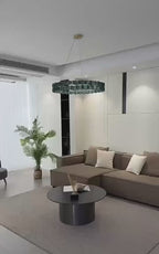 cinematic modern blue glass chandelier in contemporary living room with luxury ambient lighting and sculptural architectural interior – LINKORI PRUTIKE