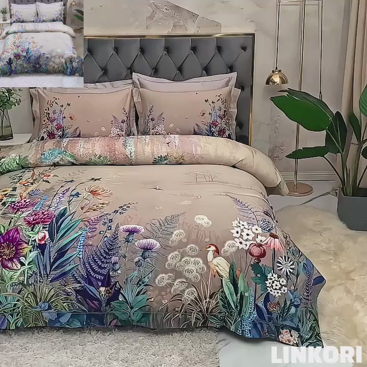 Real-life video of LINKORI Fliflowers bedding set – elegant gray botanical Egyptian cotton duvet in natural bedroom light