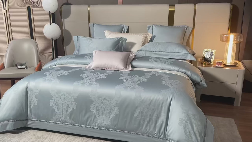 Platinum Silver Grey Damask Jacquard Duvet Cover Set - Luxury Egyptian Cotton Satin Bedding 4/7-Piece | LINKORI Luminas Silver Grey