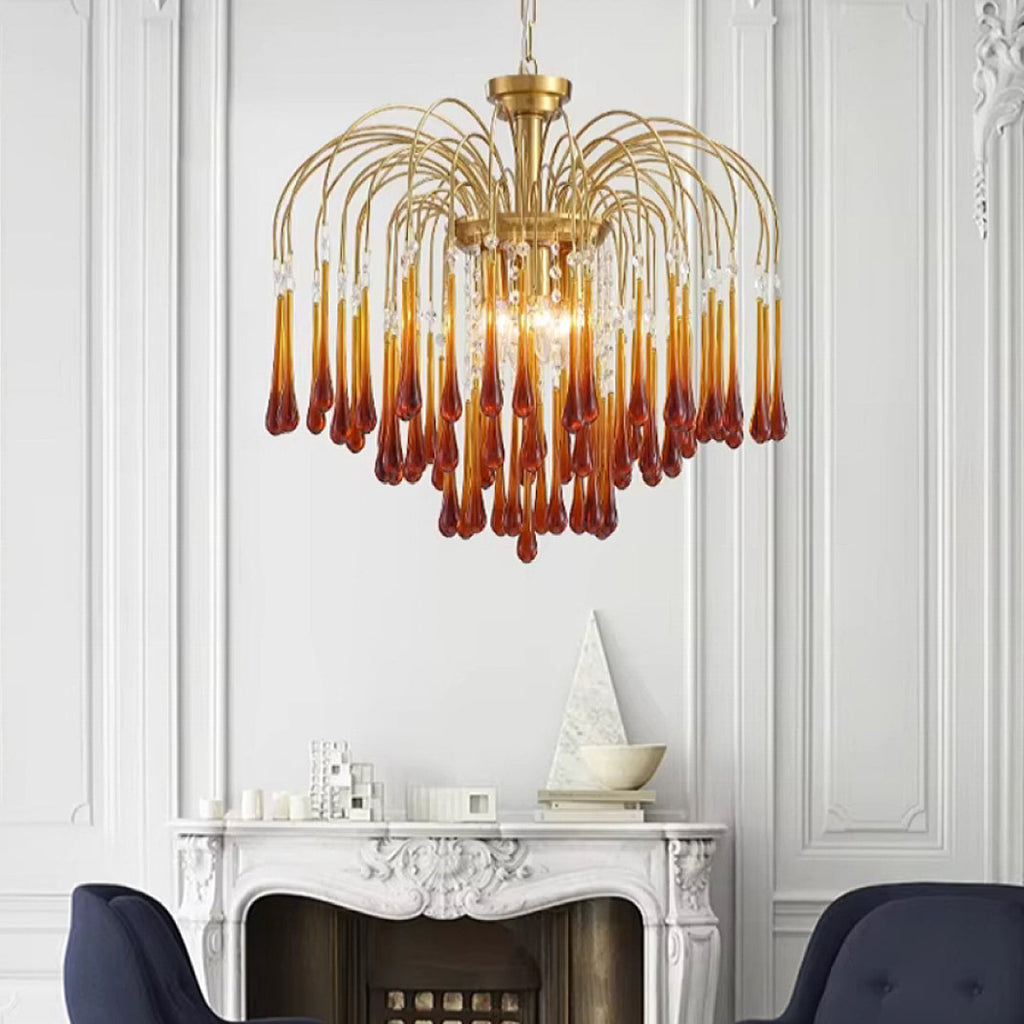 Sculptural raindrop chandelier in amber glass and gold, designer statement pendant