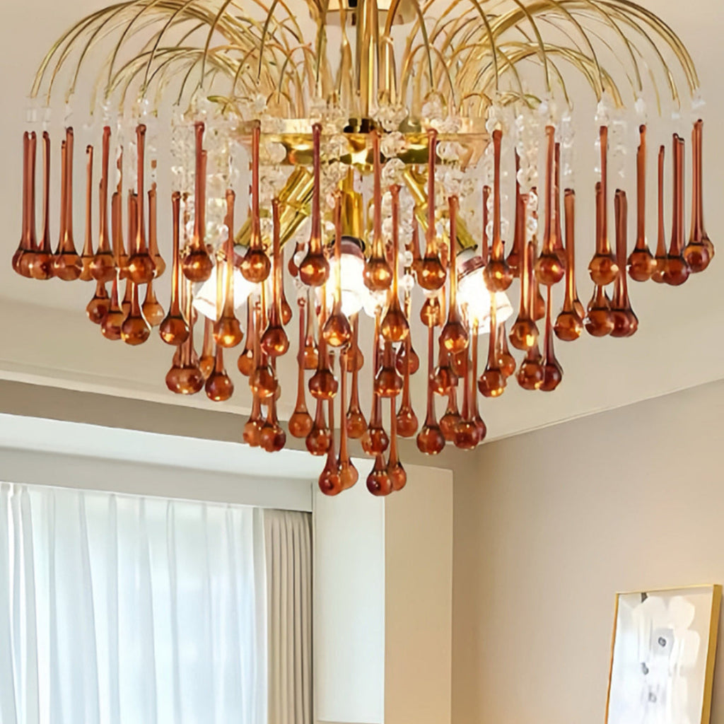 Amber glass chandelier with gold frame, statement waterfall chandelier for large interiors