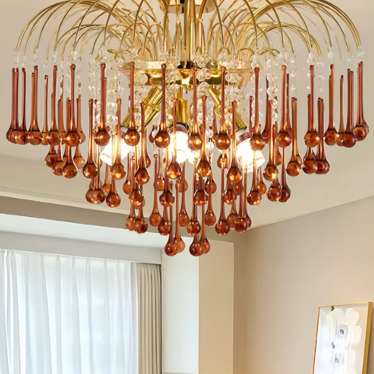 Amber glass chandelier with gold frame, statement waterfall chandelier for large interiors