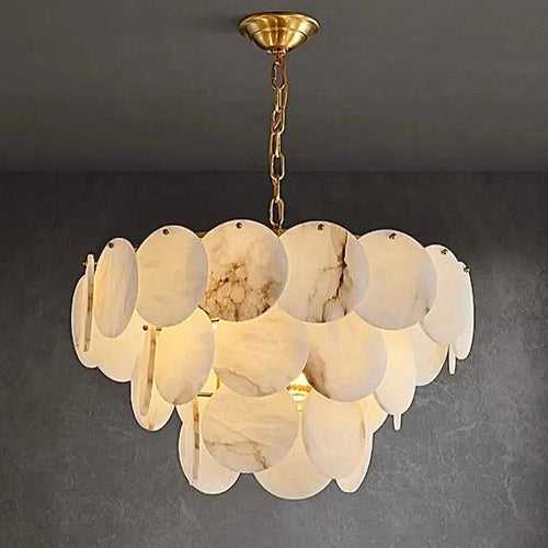 3-tier sculptural alabaster chandelier with layered natural stone discs for modern foyer and dining room interiors | LINKORI RODDLE