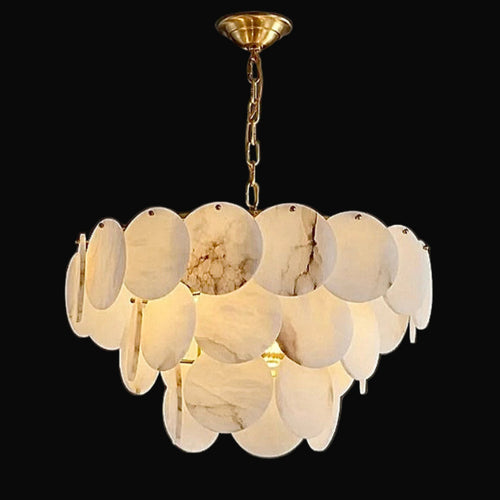 3-tier modern alabaster disc chandelier with gold frame and layered natural stone lighting for contemporary interiors | LINKORI RODDLE