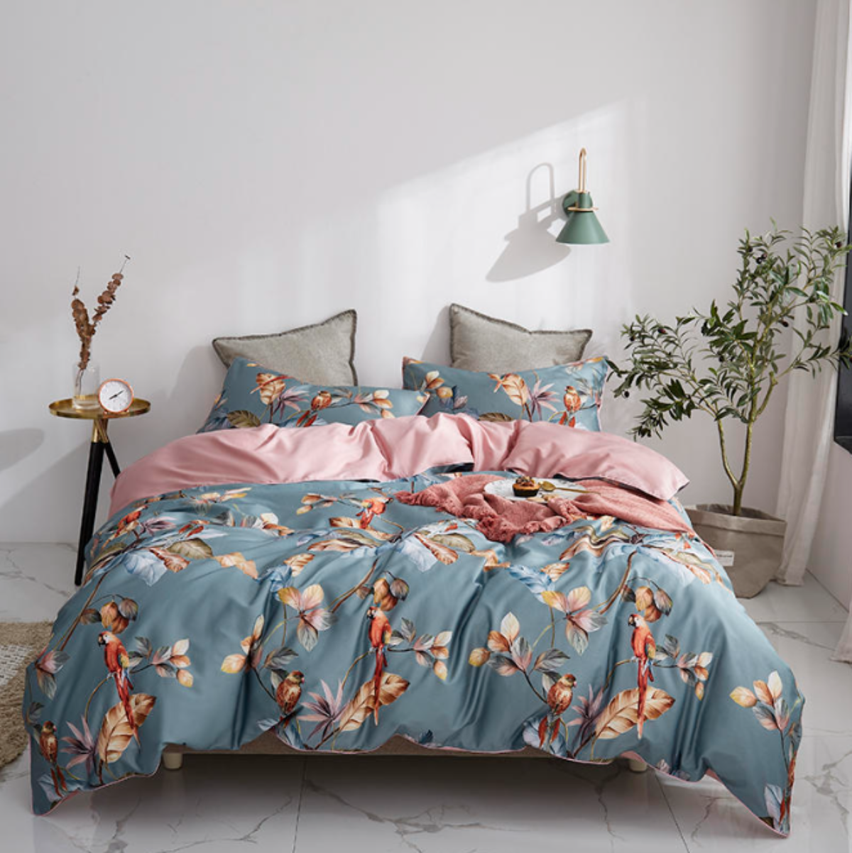 LINKORI Livelic tropical botanical duvet cover set with parrot print in Egyptian cotton, styled in a modern bedroom