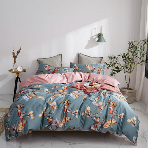 LINKORI Livelic tropical botanical duvet cover set with parrot print in Egyptian cotton, styled in a modern bedroom