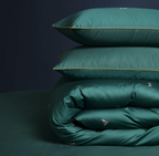 Bee embroidered deep green duvet cover with matching pillowcases, featuring gold piping on 100% Egyptian cotton