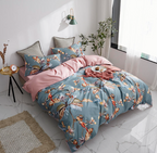 Side view of LINKORI Livelic 4-piece tropical bedding set with botanical and parrot design in a bright, modern bedroom