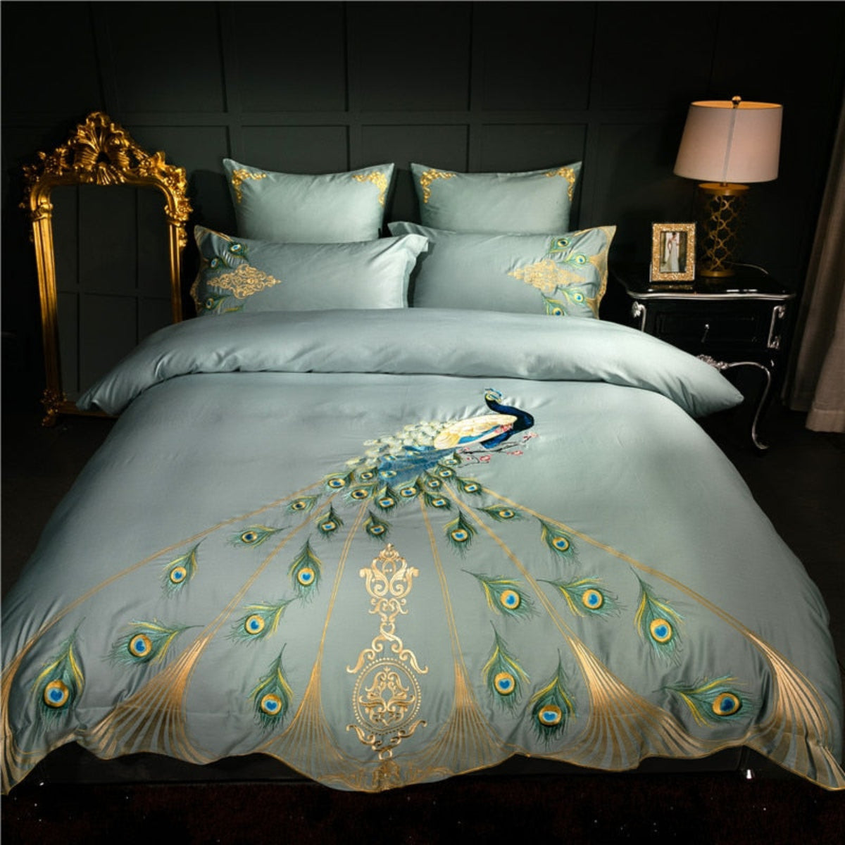 LINKORI Drupoke mint green Egyptian cotton duvet cover set with embroidered peacock design, styled in a dark elegant bedroom.

