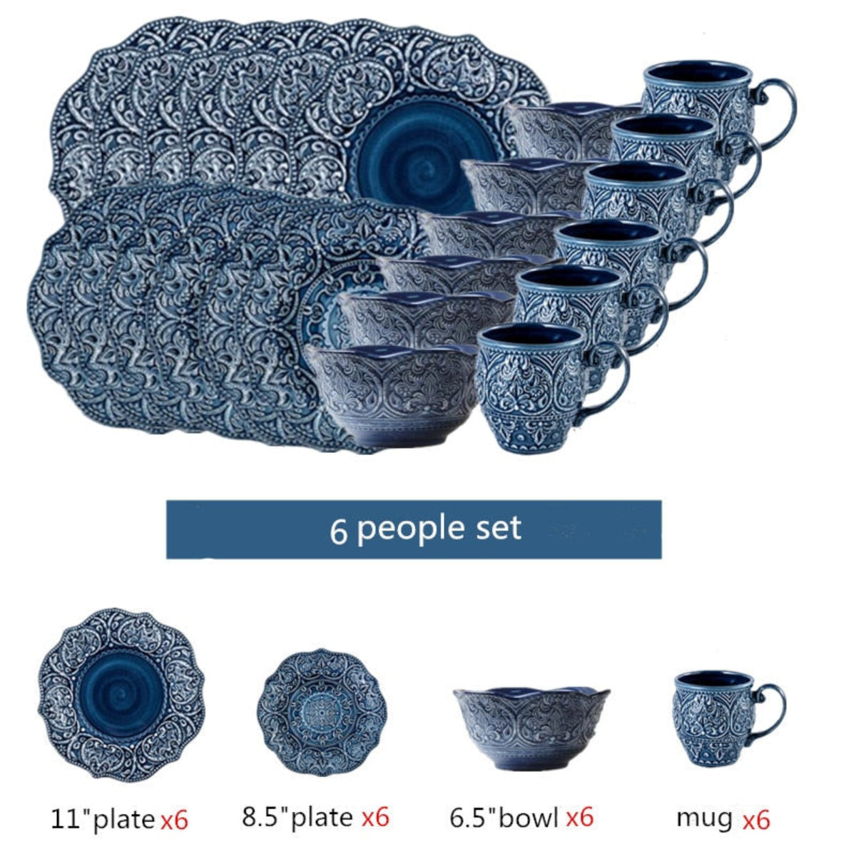 Full 6-person castlecore dinnerware setup – LINKORI Gratique blue ceramic plates, bowls, and mugs