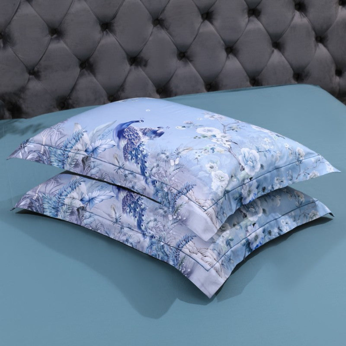 Two floral and peacock pillowcases on matching flat sheet – LINKORI Light Skyra cotton bedding